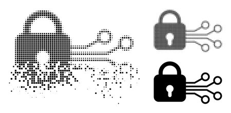 Dispersed dot digital lock vector icon with destruction effect, and original vector image. Pixel disintegrating effect for digital lock shows speed and movement of cyberspace things.のイラスト素材