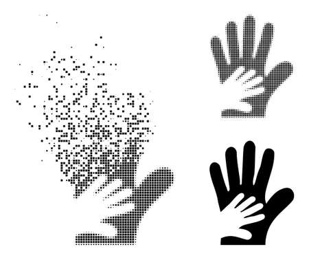 Dispersed dotted friend hands vector icon with destruction effect, and original vector image. Pixel disappearing effect for friend hands shows speed and movement of cyberspace items.のイラスト素材