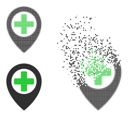 Dispersed dot hospital map pointer vector icon with wind effect, and original vector image. Pixel transformation effect for hospital map pointer shows speed and movement of cyberspace matter.のイラスト素材
