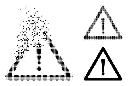 Dispersed pixelated warning sign vector icon with wind effect, and original vector image. Pixel dematerialization effect for warning sign demonstrates speed and motion of cyberspace objects.のイラスト素材