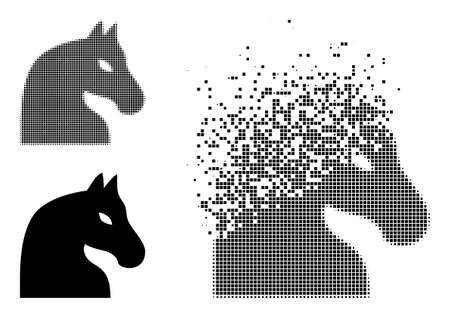 Dispersed dotted chess horse vector icon with wind effect, and original vector image. Pixel dissolving effect for chess horse shows speed and motion of cyberspace items.のイラスト素材