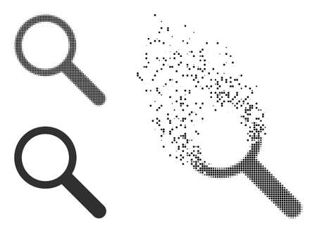 Fractured dotted search vector icon with destruction effect, and original vector image. Pixel abrasion effect for search demonstrates speed and movement of cyberspace matter.のイラスト素材