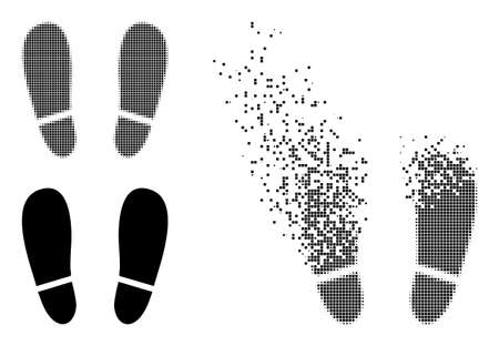 Fractured dotted human footprints vector icon with wind effect, and original vector image. Pixel disintegration effect for human footprints shows speed and motion of cyberspace concepts.のイラスト素材