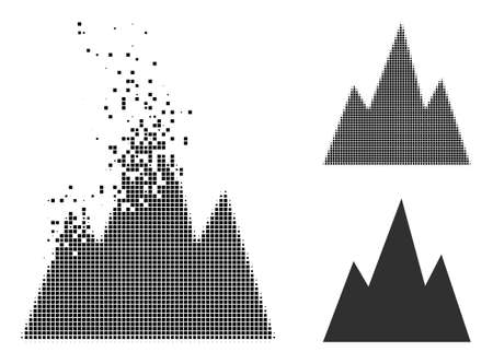 Dissolved dot mountains vector icon with wind effect, and original vector image. Pixel dissolution effect for mountains shows speed and movement of cyberspace items.のイラスト素材