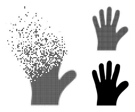 Dispersed dot hand palm vector icon with destruction effect, and original vector image. Pixel destruction effect for hand palm shows speed and motion of cyberspace abstractions.のイラスト素材