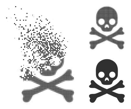 Dissolved pixelated death skull vector icon with destruction effect, and original vector image. Pixel transformation effect for death skull demonstrates speed and motion of cyberspace items.のイラスト素材