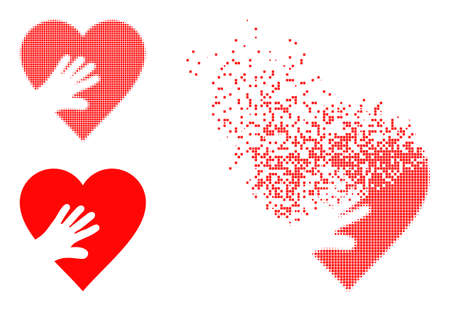 Dispersed pixelated hand touch heart vector icon with wind effect, and original vector image. Pixel mist effect for hand touch heart demonstrates speed and motion of cyberspace objects.のイラスト素材