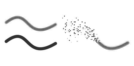Dispersed dotted wave line vector icon with destruction effect, and original vector image. Pixel defragmentation effect for wave line demonstrates speed and motion of cyberspace abstractions.のイラスト素材