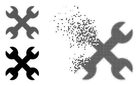 Dispersed pixelated repair spanners vector icon with wind effect, and original vector image. Pixel abrasion effect for repair spanners shows speed and motion of cyberspace items.のイラスト素材