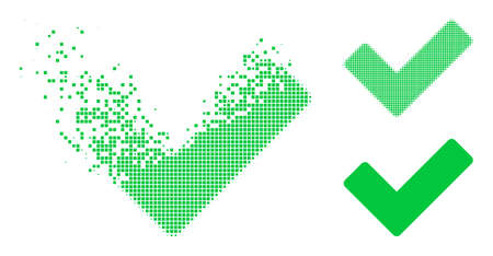 Dispersed dot true vector icon with wind effect, and original vector image. Pixel explosion effect for true demonstrates speed and motion of cyberspace matter.のイラスト素材