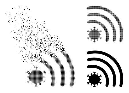 Dissolved dot virus signal vector icon with destruction effect, and original vector image. Pixel destruction effect for virus signal shows speed and motion of cyberspaceのイラスト素材