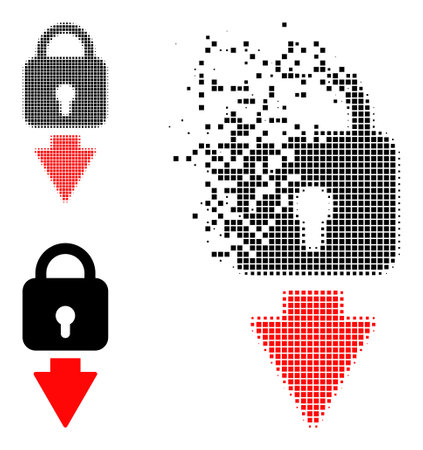 Dispersed pixelated lock down vector icon with destruction effect, and original vector image. Pixel disappearing effect for lock down shows speed and motion of cyberspace things.のイラスト素材
