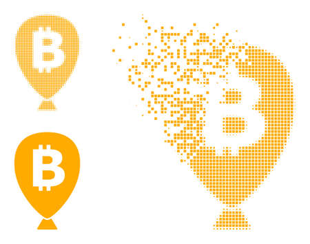 Dispersed dot bitcoin balloon vector icon with wind effect, and original vector image. Pixel defragmentation effect for bitcoin balloon demonstrates speed and movement of cyberspace things.のイラスト素材