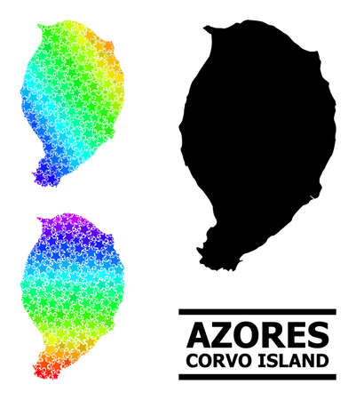 Spectral gradiented stars mosaic map of Corvo Island. Vector colored map of Corvo Island with spectral gradients. Mosaic map of Corvo Island collage is designed with chaotic color star elements.のイラスト素材