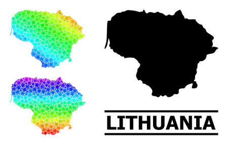 Rainbow gradient star mosaic map of Lithuania. Vector colorful map of Lithuania with spectrum gradients. Mosaic map of Lithuania collage is formed with randomized colorful star elements.のイラスト素材