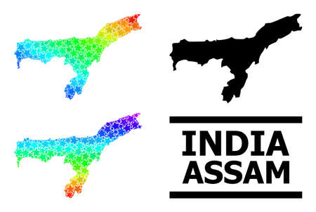 Spectrum gradient starred mosaic map of Assam State. Vector vibrant map of Assam State with spectrum gradients. Mosaic map of Assam State collage is designed with random colorful star parts.のイラスト素材