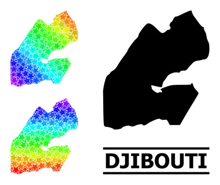 Rainbow gradiented star mosaic map of Djibouti. Vector colored map of Djibouti with spectrum gradients. Mosaic map of Djibouti collage is made with scattered color star elements.のイラスト素材