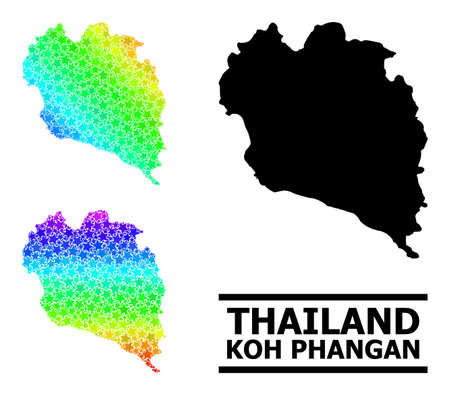 Spectral gradiented star mosaic map of Koh Phangan. Vector colorful map of Koh Phangan with spectral gradients. Mosaic map of Koh Phangan collage is done with scattered colorful star elements.のイラスト素材