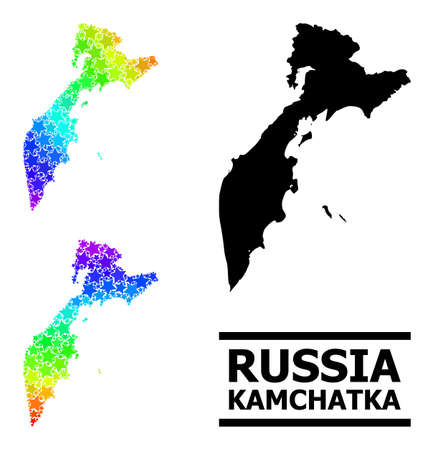 Spectrum gradient star mosaic map of Kamchatka Peninsula. Vector vibrant map of Kamchatka Peninsula with spectrum gradients.のイラスト素材