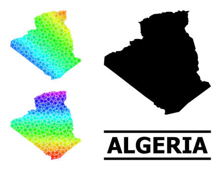 Rainbow gradient star mosaic map of Algeria. Vector vibrant map of Algeria with spectrum gradients. Mosaic map of Algeria collage is created with random colorful star parts.のイラスト素材