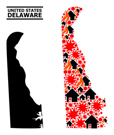 War collage vector map of Delaware State. Geographic collage map of Delaware State is composed with scattered fire, destruction, bangs, burn realty, strikes.のイラスト素材
