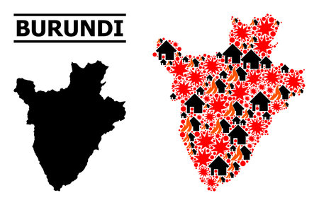 War mosaic vector map of Burundi. Geographic mosaic map of Burundi is combined with randomized fire, destruction, bangs, burn realty, strikes. Vector flat illustration for military agitation.のイラスト素材