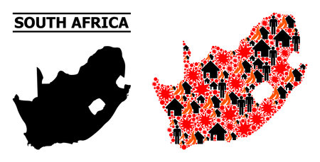 War mosaic vector map of South African Republic. Geographic mosaic map of South African Republic is done with scattered fire, destruction, bangs, burn homes, strikes.のイラスト素材