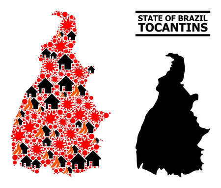 War collage vector map of Tocantins State. Geographic collage map of Tocantins State is designed with randomized fire, destruction, bangs, burn realty, strikes.のイラスト素材