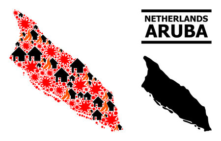War collage vector map of Aruba Island. Geographic mosaic map of Aruba Island is organized from scattered fire, destruction, bangs, burn homes, strikes. Vector flat illustration for war propaganda.のイラスト素材