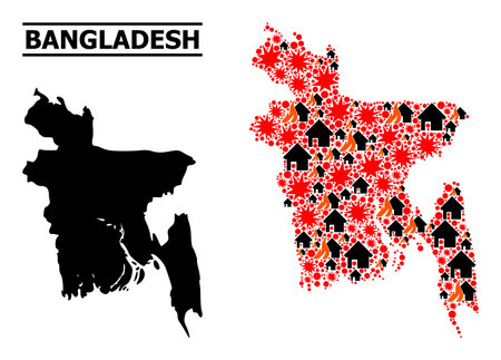 War mosaic vector map of Bangladesh. Geographic mosaic map of Bangladesh is designed from randomized fire, destruction, bangs, burn homes, strikes. Vector flat illustration for war collages.のイラスト素材