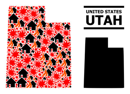 War collage vector map of Utah State. Geographic mosaic map of Utah State is created from random fire, destruction, bangs, burn homes, strikes. Vector flat illustration for war propaganda.のイラスト素材