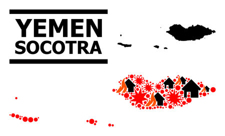 War pattern vector map of Socotra Archipelago. Geographic composition map of Socotra Archipelago is done from scattered fire, destruction, bangs, burn realty, strikes.のイラスト素材
