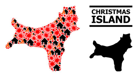 War collage vector map of Christmas Island. Geographic concept map of Christmas Island is designed with scattered fire, destruction, bangs, burn homes, strikes.のイラスト素材