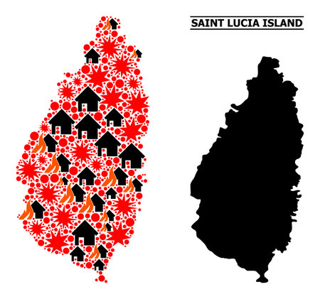 War pattern vector map of Saint Lucia Island. Geographic collage map of Saint Lucia Island is organized with randomized fire, destruction, bangs, burn houses, strikes.のイラスト素材
