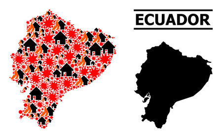 War pattern vector map of Ecuador. Geographic collage map of Ecuador is constructed from randomized fire, destruction, bangs, burn homes, strikes. Vector flat illustration for war agitation.のイラスト素材