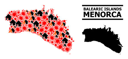 War collage vector map of Menorca Island. Geographic collage map of Menorca Island is composed from scattered fire, destruction, bangs, burn realty, strikes. Vector flat illustration for war collages.のイラスト素材