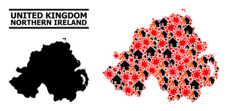 War collage vector map of Northern Ireland. Geographic mosaic map of Northern Ireland is composed with scattered fire, destruction, bangs, burn homes, strikes.のイラスト素材