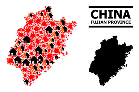 War collage vector map of Fujian Province. Geographic collage map of Fujian Province is organized with scattered fire, destruction, bangs, burn homes, strikes.のイラスト素材