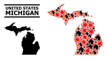 War pattern vector map of Michigan State. Geographic composition map of Michigan State is created from scattered fire, destruction, bangs, burn houses, strikes.のイラスト素材