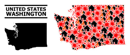 War collage vector map of Washington State. Geographic collage map of Washington State is designed from randomized fire, destruction, bangs, burn homes, strikes.のイラスト素材