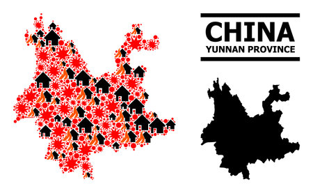 War mosaic vector map of Yunnan Province. Geographic mosaic map of Yunnan Province is composed with randomized fire, destruction, bangs, burn houses, strikes.のイラスト素材
