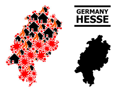 War pattern vector map of Hesse State. Geographic concept map of Hesse State is done from scattered fire, destruction, bangs, burn realty, strikes. Vector flat illustration for war projects.のイラスト素材