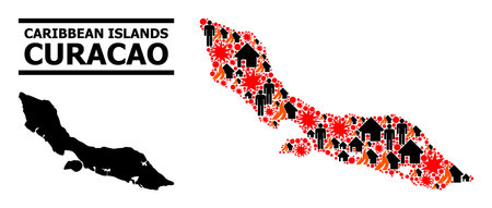 War pattern vector map of Curacao Island. Geographic concept map of Curacao Island is constructed with scattered fire, destruction, bangs, burn realty, strikes.のイラスト素材