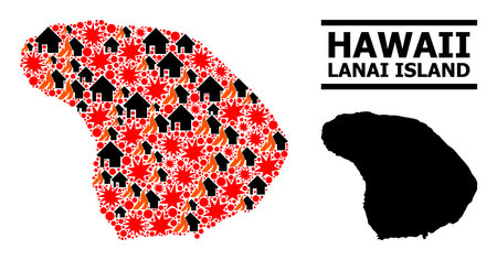 War collage vector map of Lanai Island. Geographic collage map of Lanai Island is created from randomized fire, destruction, bangs, burn homes, strikes. Vector flat illustration for war proclamations.のイラスト素材