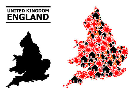 War mosaic vector map of England. Geographic mosaic map of England is organized from scattered fire, destruction, bangs, burn houses, strikes. Vector flat illustration for war collages.のイラスト素材