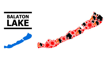 War mosaic vector map of Balaton Lake. Geographic mosaic map of Balaton Lake is organized with scattered fire, destruction, bangs, burn realty, strikes. Vector flat illustration for war collages.のイラスト素材