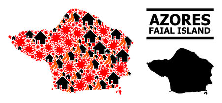 War collage vector map of Faial Island. Geographic collage map of Faial Island is constructed from random fire, destruction, bangs, burn realty, strikes. Vector flat illustration for war applications.のイラスト素材