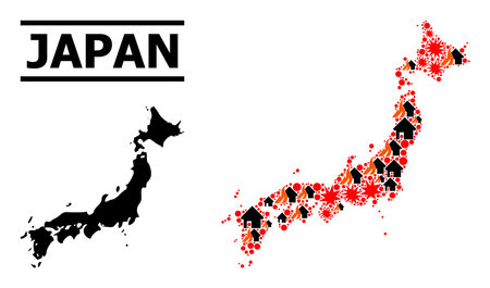 War mosaic vector map of Japan. Geographic collage map of Japan is organized from random fire, destruction, bangs, burn homes, strikes. Vector flat illustration for war posters.のイラスト素材