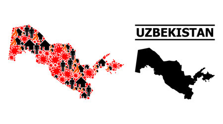 War pattern vector map of Uzbekistan. Geographic concept map of Uzbekistan is done with scattered fire, destruction, bangs, burn homes, strikes. Vector flat illustration for war propaganda.のイラスト素材