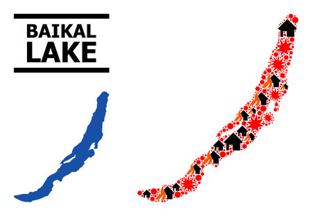 War mosaic vector map of Baikal. Geographic mosaic map of Baikal is combined with random fire, destruction, bangs, burn realty, strikes. Vector flat illustration for war proclamations.のイラスト素材